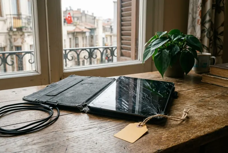 Pencere önündeki ahşap masada ekranı çatlamış, sarı fiyat etiketli bozuk tablet