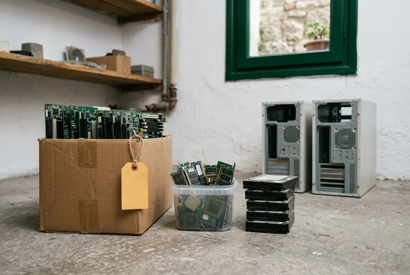Bodrum katında kutulara ayrılmış hurda anakart, RAM, işlemci, harddisk ve boş kasalar