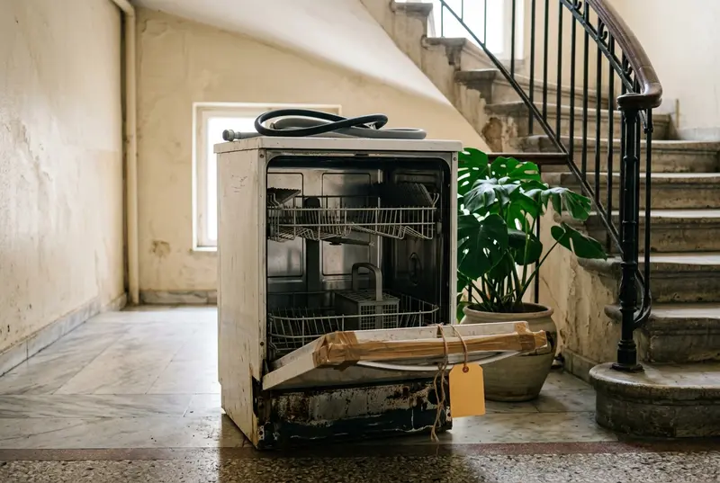 Eski apartmanın merdiven boşluğunda kapağı açık, sarı etiketli hurda bulaşık makinesi