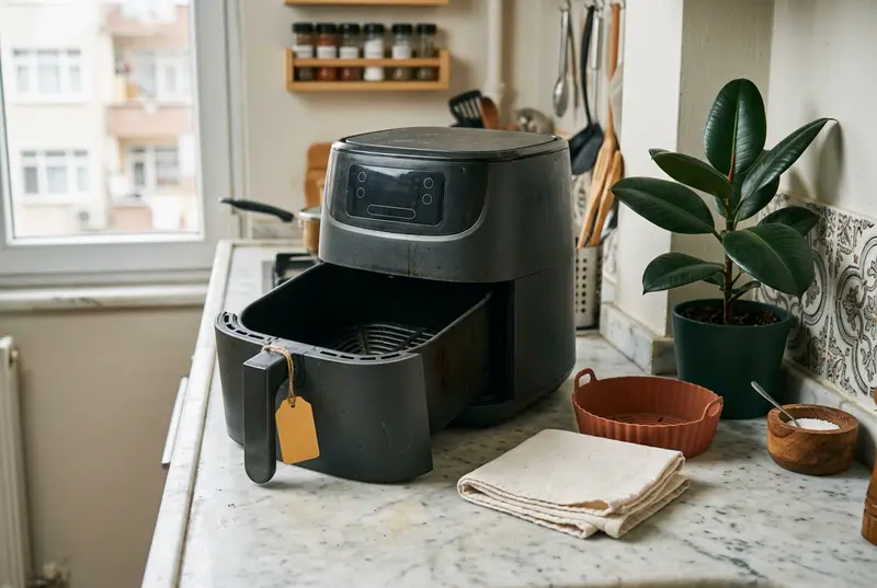 Mutfak tezgâhında sepeti yarı açık, sarı fiyat etiketli ikinci el airfryer