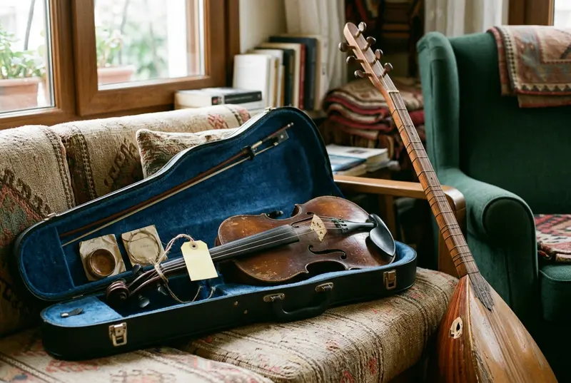 Salonda açık kılıfında yayıyla duran ikinci el keman ve koltuğa yaslanmış bağlama