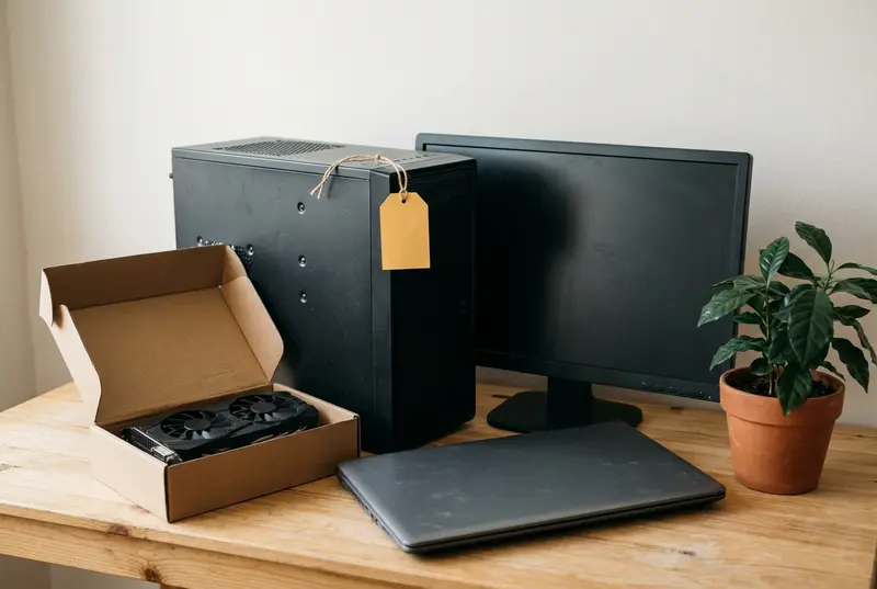 Masada satışa hazır ikinci el masaüstü kasa, monitör, laptop ve kutusunda ekran kartı