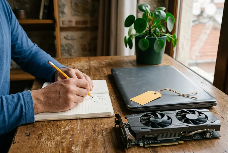 Masada laptop ve ekran kartının yanında not defterine parça listesi çıkaran eller