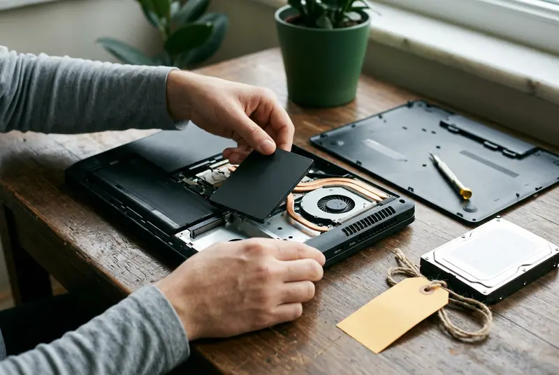Alt kapağı açılmış laptoptan SSD'yi çıkaran eller, yanda harddisk ve küçük tornavida