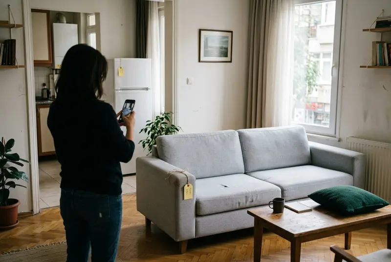 Satılacak koltuk, sehpa ve buzdolabının telefonla fotoğrafı çekilen ferah bir İstanbul salonu