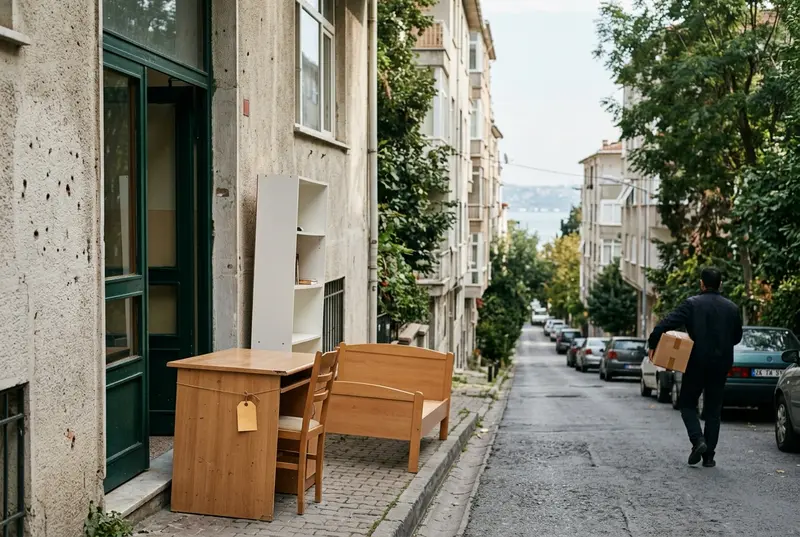 Beşiktaş'ta yokuşlu bir sokakta apartman girişinde satışa hazır çalışma masası ve kitaplık