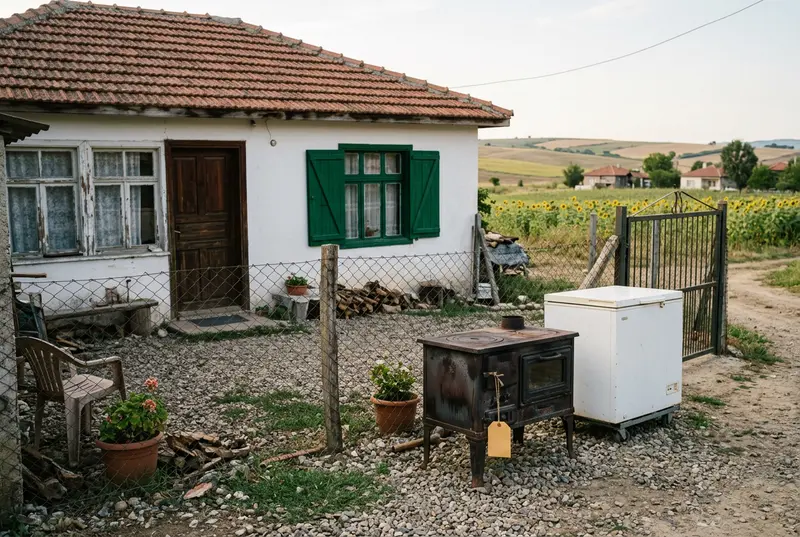 Çatalca'da köy evinin avlusunda satışa hazır sarı etiketli odun sobası ve derin dondurucu